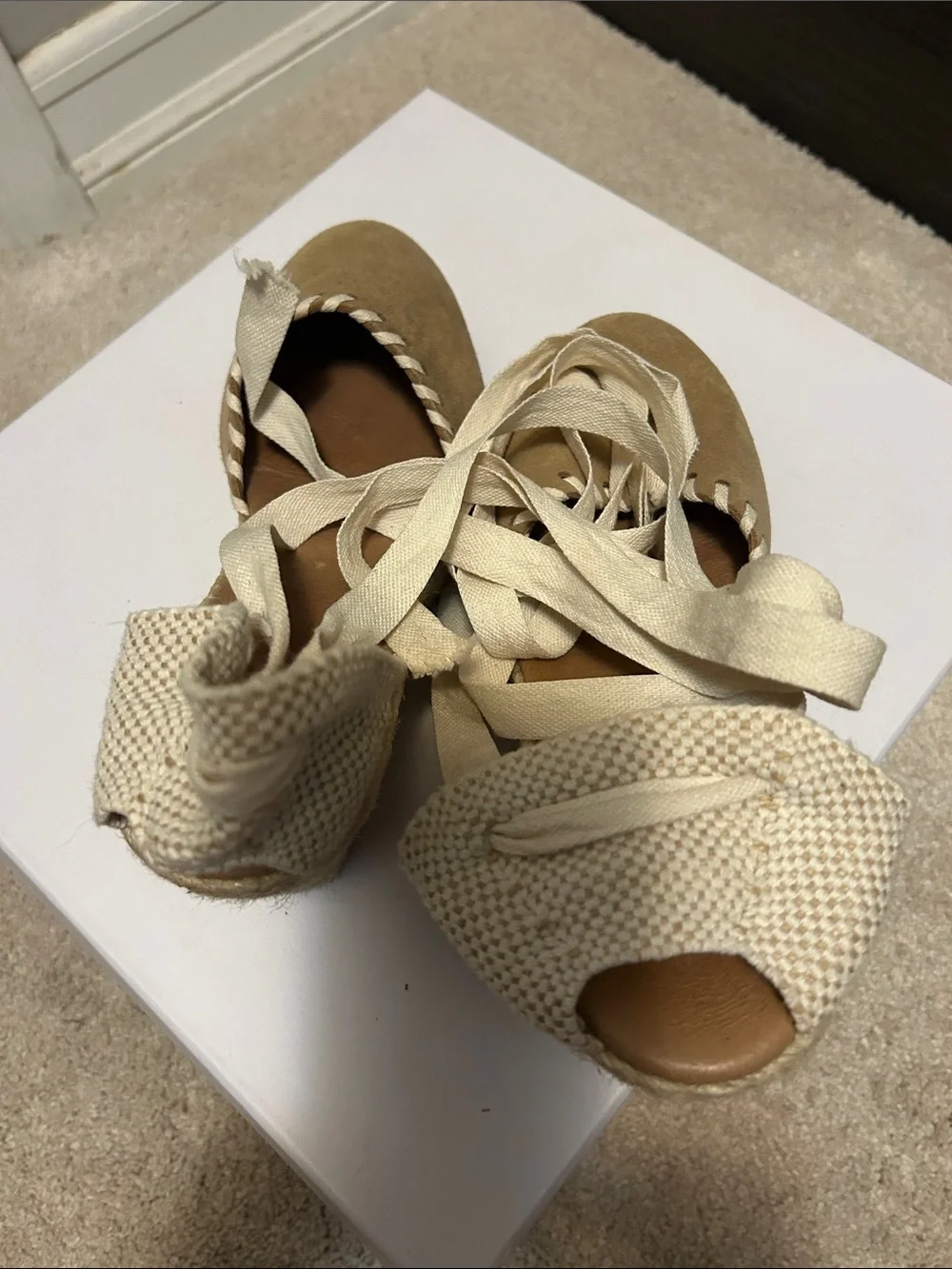 Lace-Up Espadrille Wedge Heels in Tan